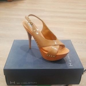 Halston Peep Toe Sling Back Nude Heels